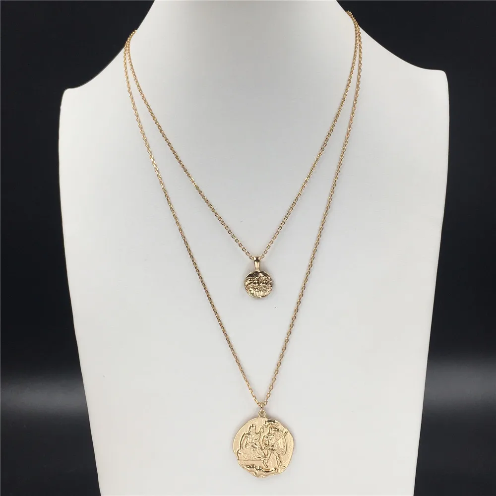 F/W золотой цвет Лошадь рыцарь Выгравированная монета кулон многослойное ожерелье для женщин девушки свитер украшения Горячая