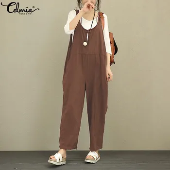 

Celmia 2020 Linen Rompers Pants Women Vintage Jumpsuit Female Backless Retro Overalls Strapless Playsuit Women Pantalon Palazzo