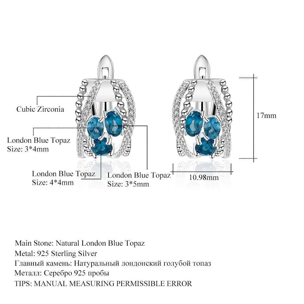 Балетные серьги GEM'S, 1.6Ct, натуральный Лондон, голубой топаз, драгоценный камень, клипсы, 925 пробы, серебро, модные серьги для женщин, хорошее ювелирное изделие
