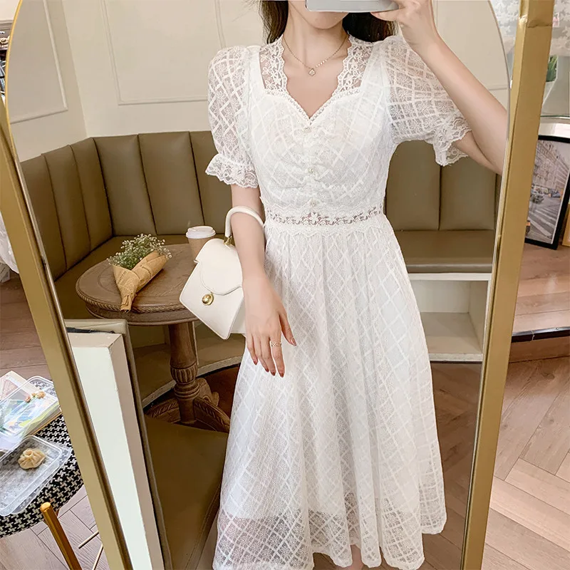 

White Sexy Elegant Lace Dress 2021 Summer Women Short Sleeve V-Neck Hollow Out Party Beach Dress