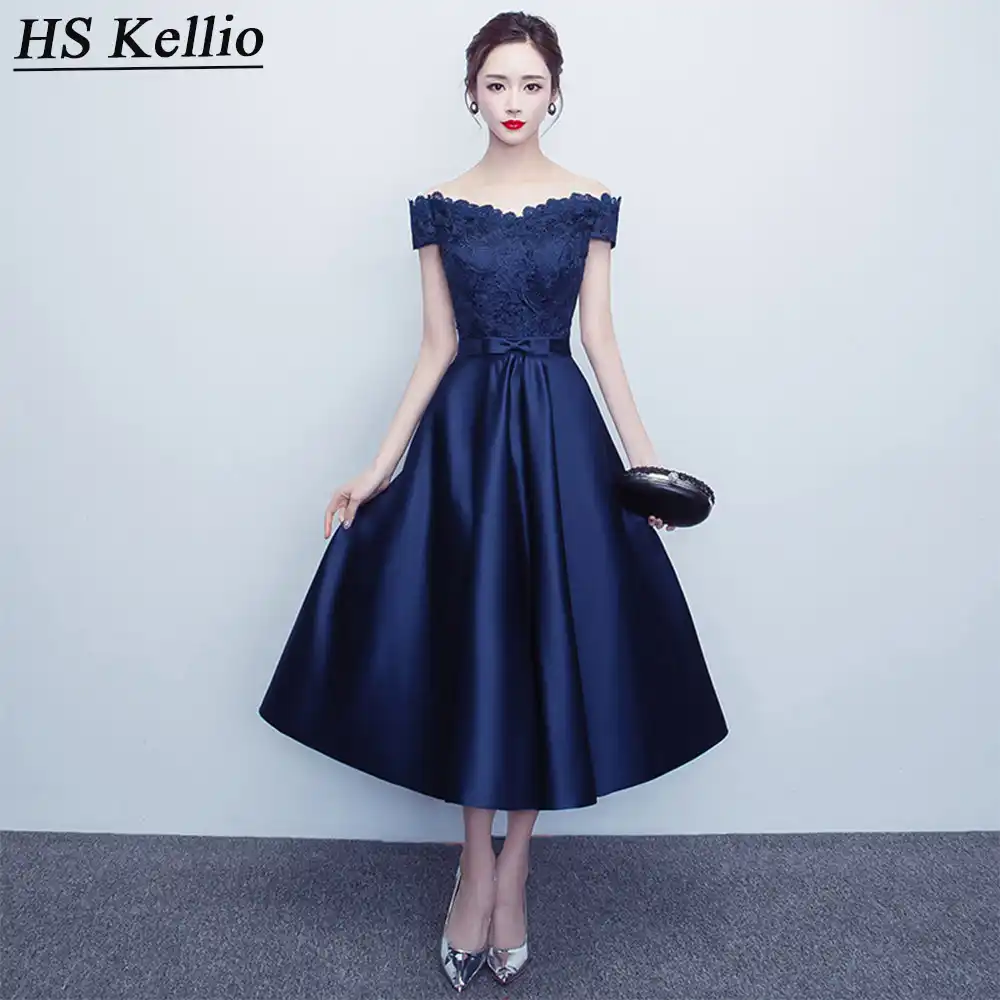 navy tea length bridesmaid dresses