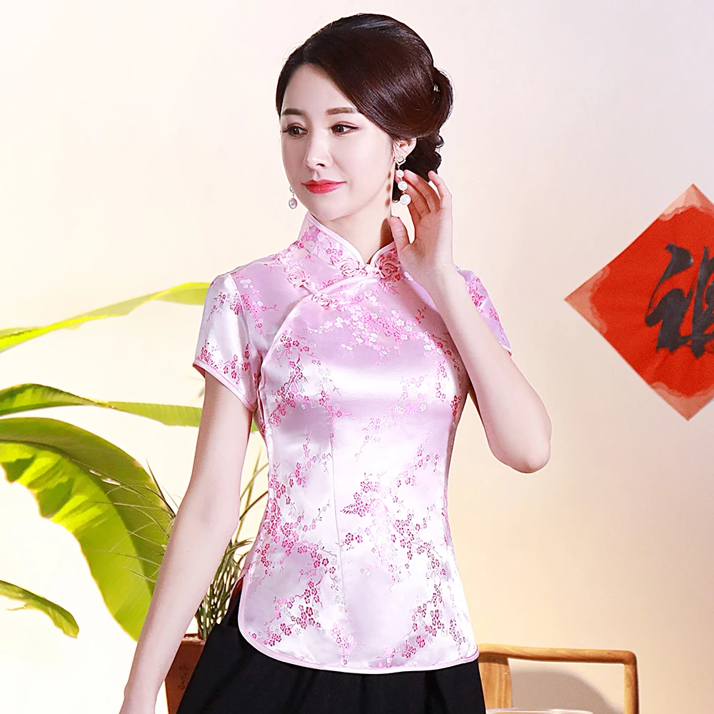 Nueva flor Rosa rayón blusa china estilo Oriental señoras camisa tradicional gran tamaño 4XL elegante tapas ropa tipo Tang|Parte alta| -