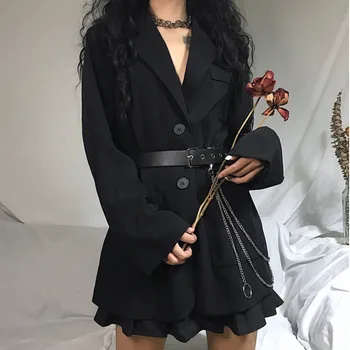 

Korea 2020 New Fashion Spring Vintage Women's Suit Basic Jacket Women Loose Mid-length Black Womens Tops And Blouses ZA2489