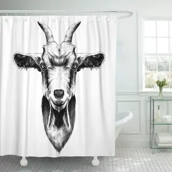 

Drawing Goat Head Black and White Sketch Animal Ram Shower Curtain Bathroom with Hooks,Waterproof Polyester Curtain