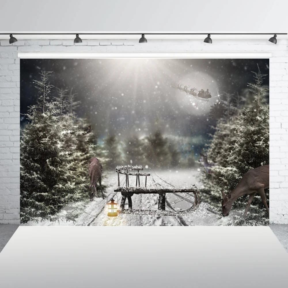 

Christmas New Year Backdrop Xmas winter white snow roda pine tree moon night photo background for Kids portrait Studio Prop ES55