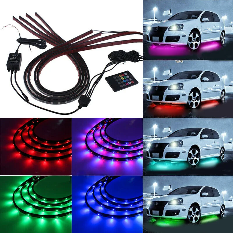 DC10V~ 15V 4 шт. под автомобиль RGB светодиодный гибкий водонепроницаемый многоцветный подсвечивающий неоновый внутренний свет 120 см 90 см