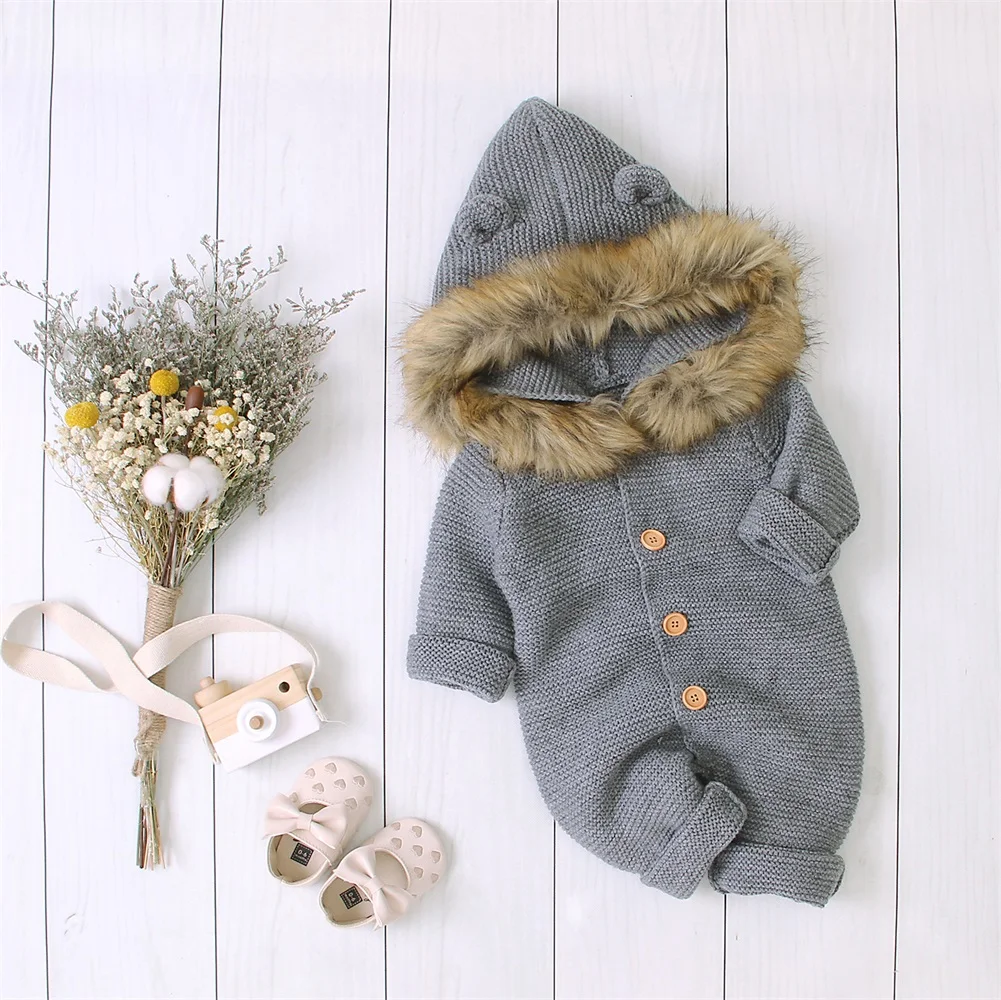 Сезон зима-осень; милый детский комбинезон с капюшоном для новорожденных; комбинезон на пуговицах для маленьких мальчиков и девочек; трикотажный комбинезон с капюшоном; пальто; верхняя одежда