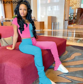 

Tsuretobe Patchwork 2 Piece Set Women Crop Top And Stacked Pants Streetwear Matching Sets Summer Clothes Club Outfits Female