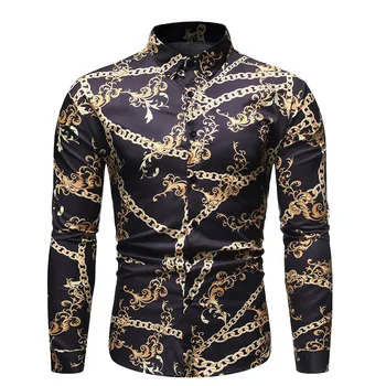 

Mens Dress Shirts 2019 Autumn and Winter New Fashion Chain Print Printed Slim Lapel Long-sleeved Shirt Men Clothes