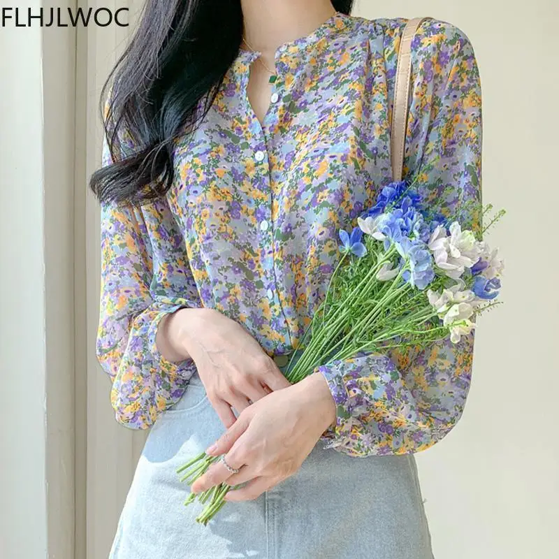 2021 Spring Prairie Chic Tops Blusas Girl Next Door Fashion Style Women Floral Print Chiffon Single Breasted Button Shirts 3