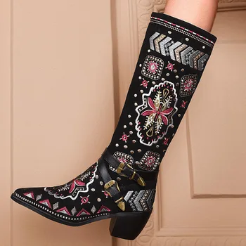 

Dropship High Quality Big Size 46 Shoes Woman Embroider Mixed Color Pointed Toe Slip-On Buckle Chunky Heels Autumn Winter