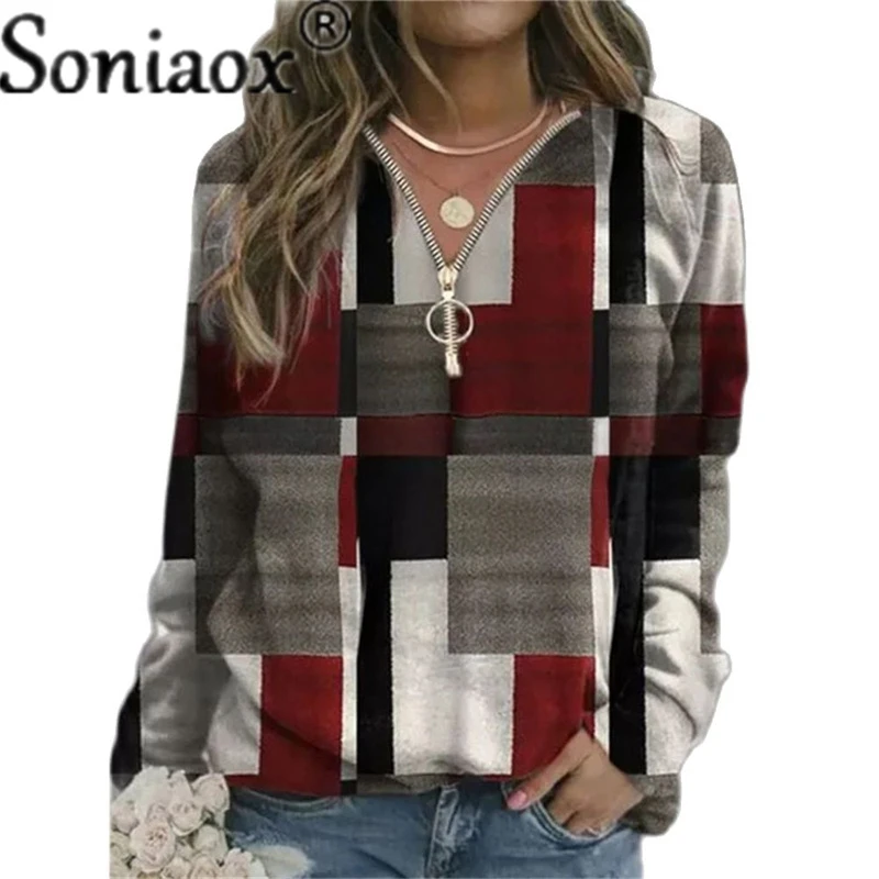  Autumn Women Sweatshirts Loose Casual V Neck Zipper Long Sleeve Plaid Top Pullover Streetwear Ladies Fashion Ladies Hoodies
