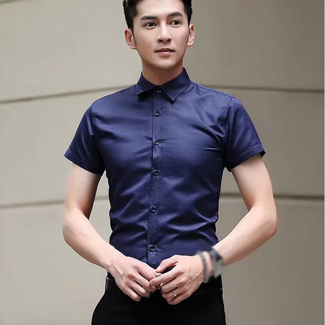 Dark Blue Корейский стиль Летняя тонкая рубашка сплошной цвет короткий рукав Бизнес одежда размера плюс Мужская однобортная рубашка - Цвет: Dark Blue