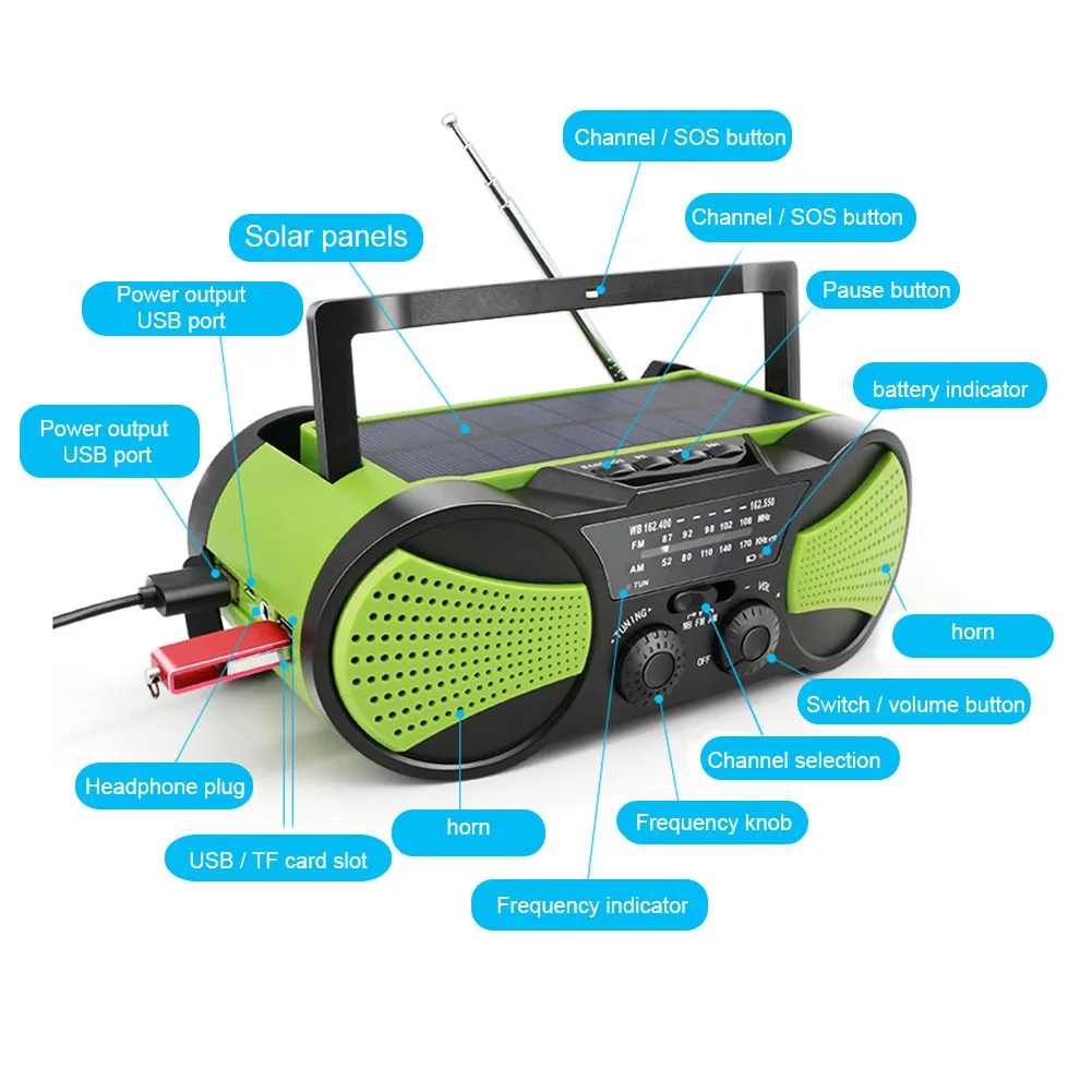 Аварийный Солнечный ручной радио динамик AM FM NOAA с светодиодный фонарик power Bank XR649