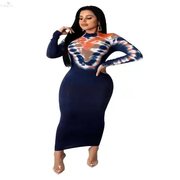 

Plus Size Women Dresses New Winter Maxi Dress O-neck Full Sleeve Sheath Tie Dye Sexy Dresses Clubwear Party Long Bandage Dress