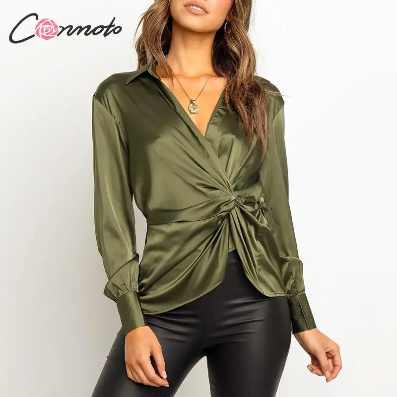 Conmoto green Осень зима 2019 блузка женская с запахом сексуальная атласная бантом