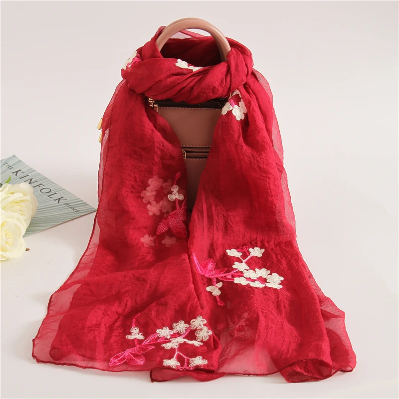 Embroidery Silk Scarves for Women New Fashion Floral Print Shawls and Wraps Thin Long Pashmina Lady Neck Scarf Hijab Femme