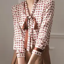

Houndstooth Printed Bow Silk Blouses Women's Office Lady Commuter Casual Loose Pullovers Elegant Fashion Shirts Female Clothing