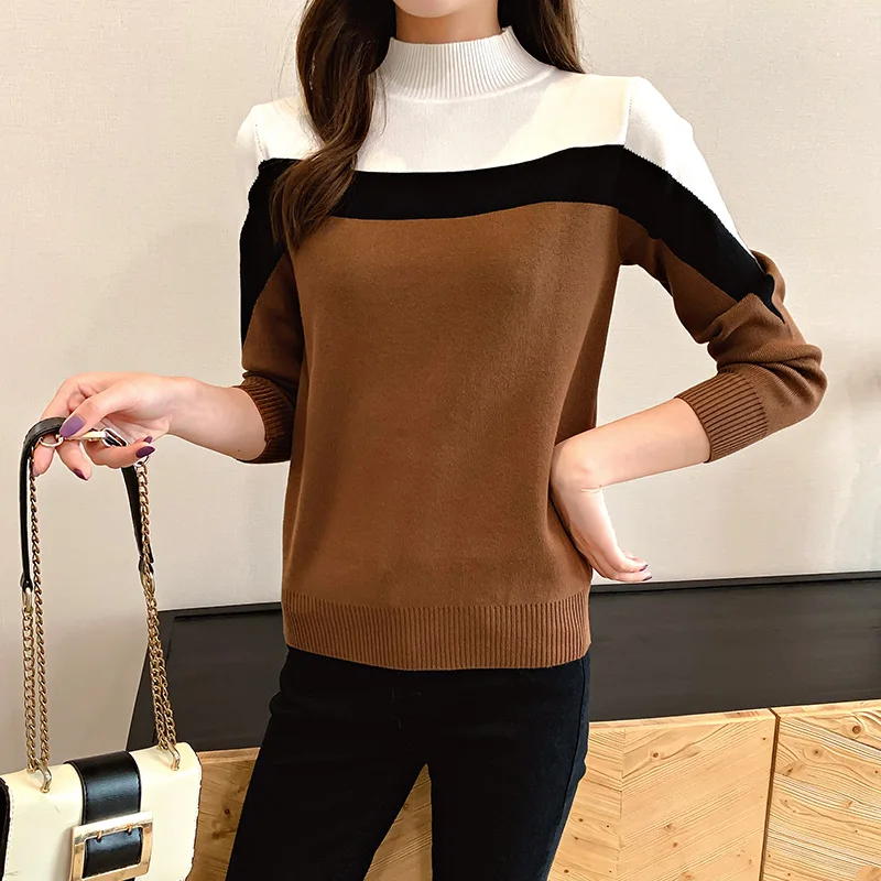 coffee color 3 Neploe свитер женский Половина Водолазка длинный рукав контрастный цвет пуловеры Джемперы повседневные свободные корейские модные новые Топы 90858 - Цвет: coffee color 3