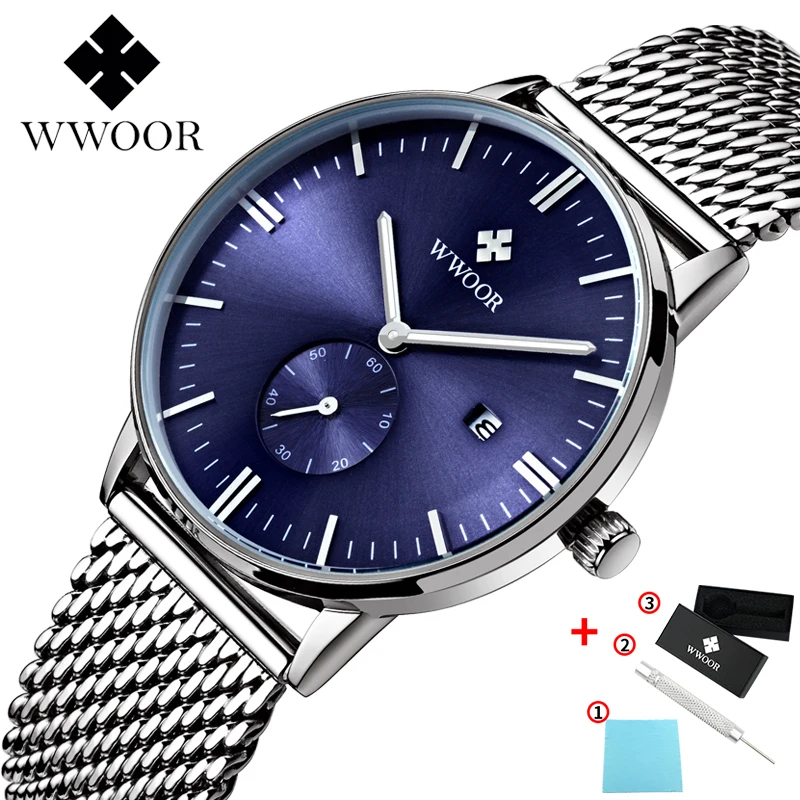WWOOR часы для мужчин Лидирующий бренд роскошные часы сетка нержавеющая сталь ремешок для часов Япония кварцевый механизм 30 м водонепроницаемые повседневные мужские наручные часы - Цвет: blue