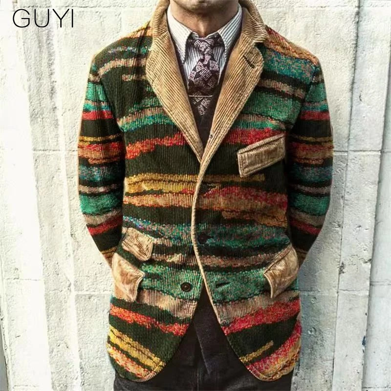 GUYI многоцветный принт костюмы и блейзер для мужчин вельветовый повседневный мужской пиджак осень зима Рождество Блейзер индивидуальный тренд пальто