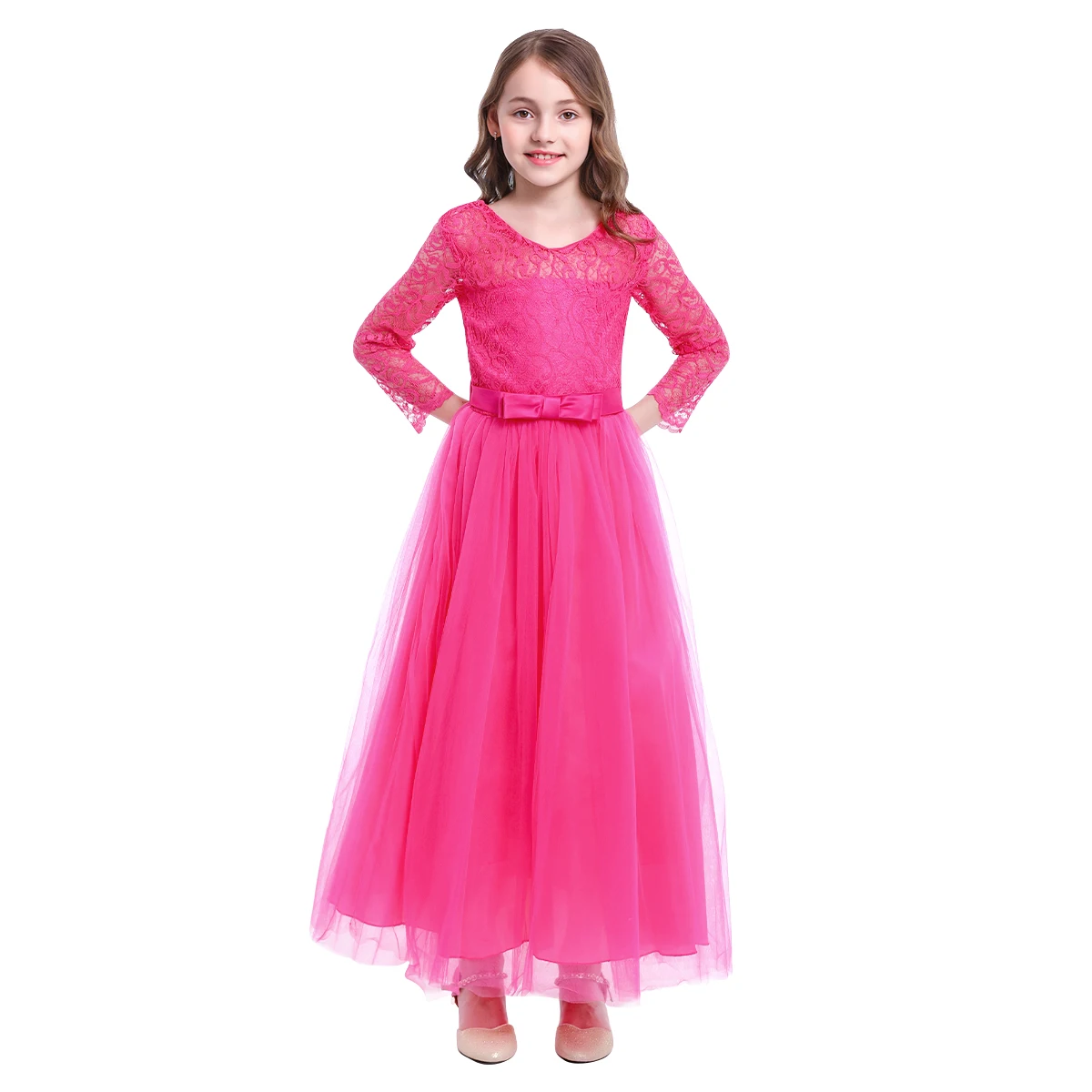 Hot Pink Длинные свадебные платья подружки невесты из тюля для девочек; платье принцессы на День рождения; реквизит для фотосессии; элегантное праздничное платье для девочек - Цвет: Hot Pink