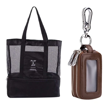 

2 in 1 Mesh Beach Zipper Pocket with Mini Wallet Men and Women Keychain Transparent Pocket Dark Brown