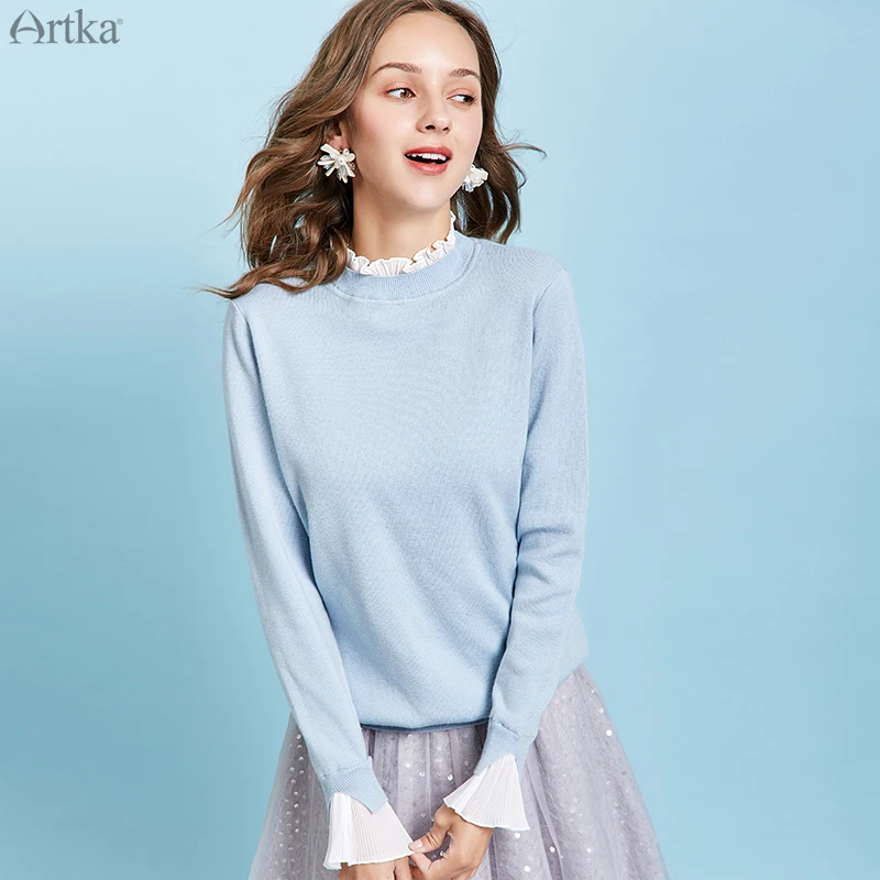 ARTKA, Зимний женский элегантный шерстяной свитер с круглым вырезом, 3 цвета, имитация двух частей, пуловер с расклешенными рукавами, Свитера YB11199D