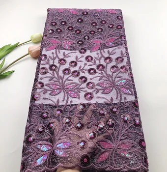 

2019 Latest Purple Nigerian French tulle lace fabrics High Quality African Sequins Tulle Laces Fabric 5 yard for Wedding Dress