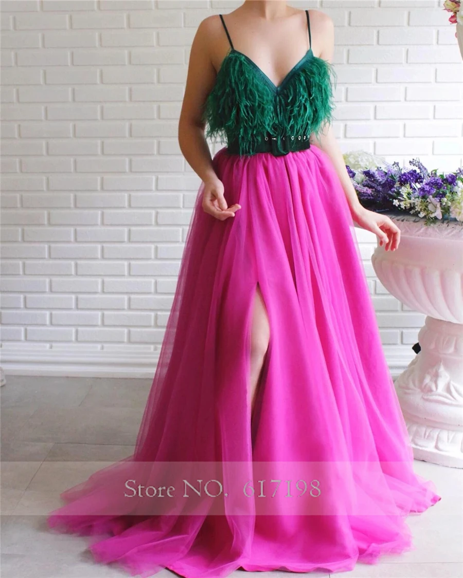 Spaghetti Straps Green and Rose Front Slit A-line Prom Dress Two Stones Sexy Feather Evening Dress vestidos formatura vintage prom dresses