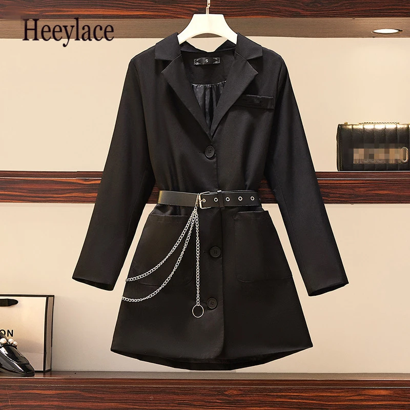 Plus Size Women Black Blazers Autumn 2020 Fashion Notched Collar Long Sleeve Single-breasted Loose Jackets with Belt | Женская одежда