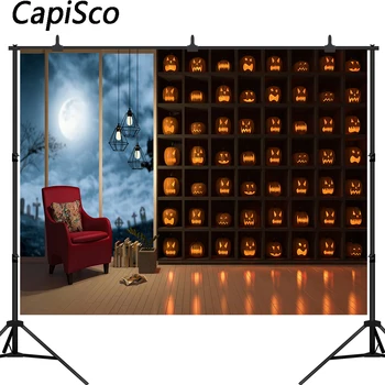 

Capisco Photography Backdrop halloween night Pumpkin sofa Wooden floor cemetery Background Decor Banner Photo Studio Props