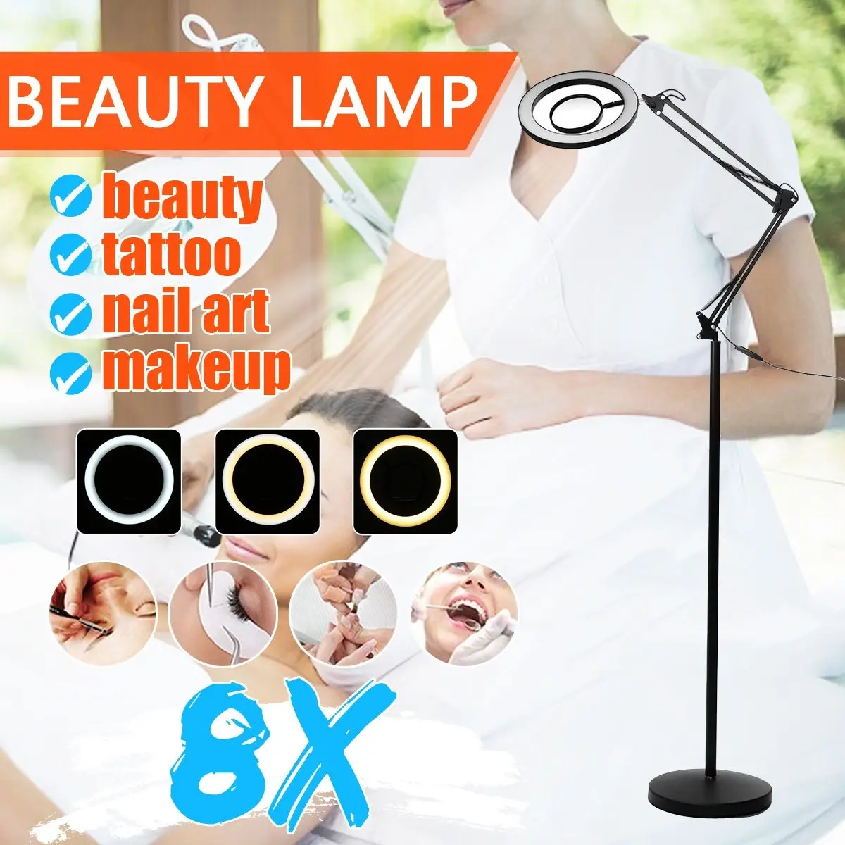 

8X Adjustable 3Color Light LED Magnifying Floor Stand Lamp Magnifier Glass Rotated Len For Facial Beauty Salon Nail Tattoo
