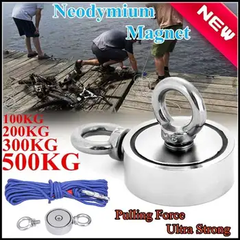 

500kg Powerful Round Neodymium Magnet Hook strong Salvage Magnet Sea Fishing Equipments Holder with Ring hunter holder+20M Rope