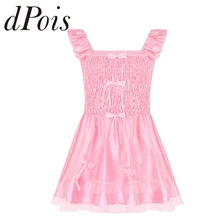 Женское белье для взрослых без рукавов с оборками и бантом из ленты, эластичное атласное платье для взрослых