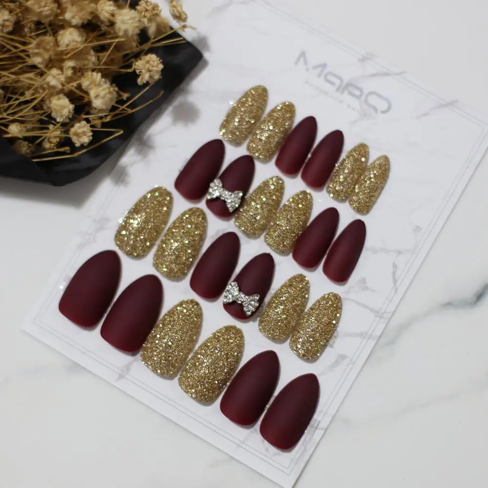 Матовый Блестящий микс DIY ногтей шпилька кофе накладные ногти бордовый свадебные ногти Бабочка Золото 3D бант цветы 24 шт полный набор