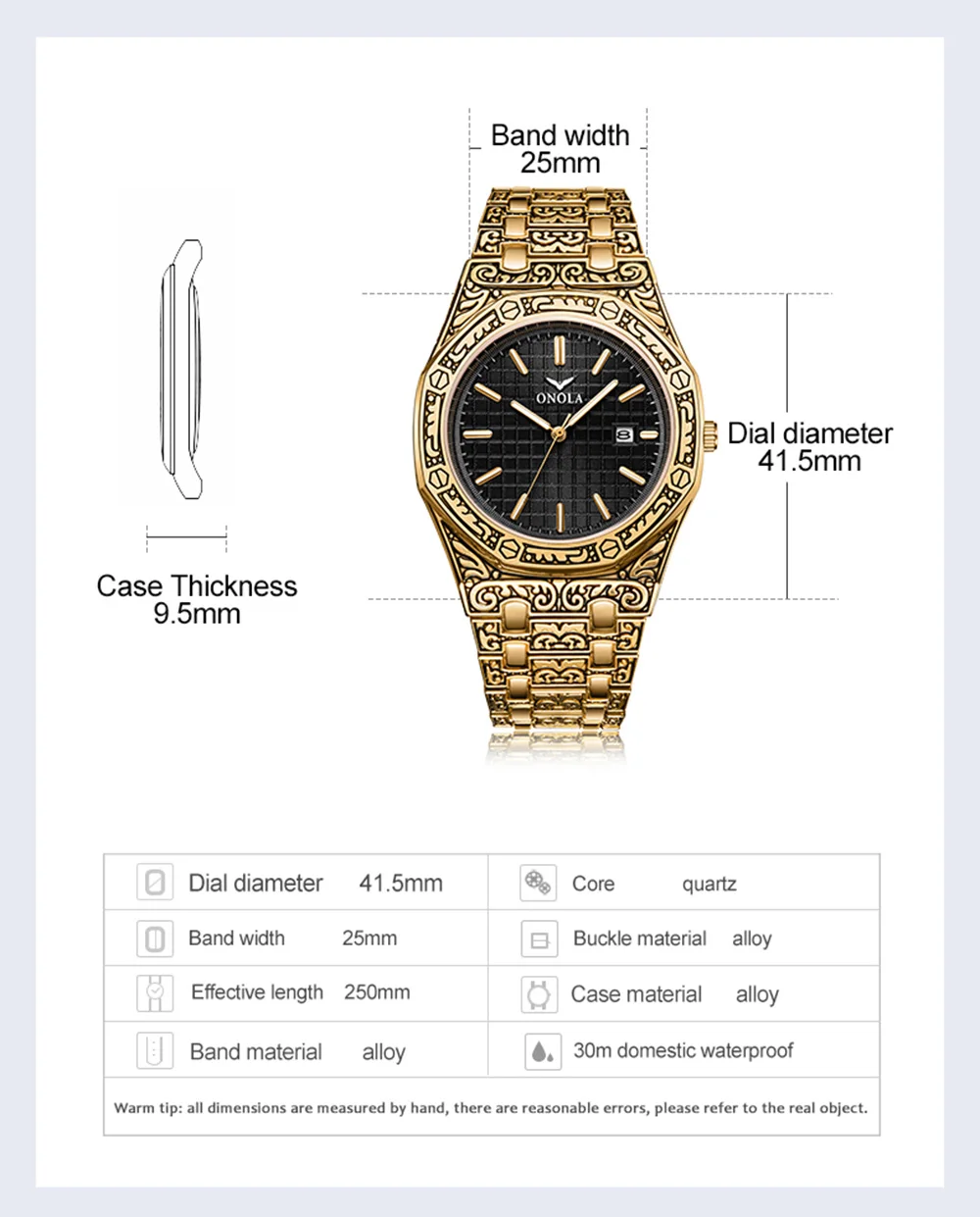 ONOLA винтажные мужские часы с резным узором, водонепроницаемые креативные наручные часы со стальным ремешком, модные бизнес дизайнерские Роскошные брендовые золотые мужские часы