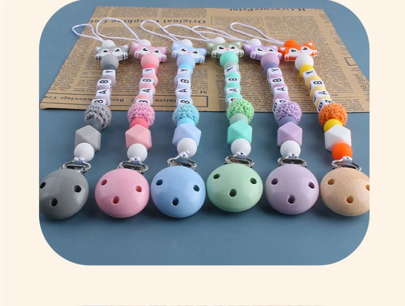 Coskiss Personalized Name Handmade Pacifier Clips Holder Chain Silicone Pacifier Chains Set Civet Cat Baby Teether Chain
