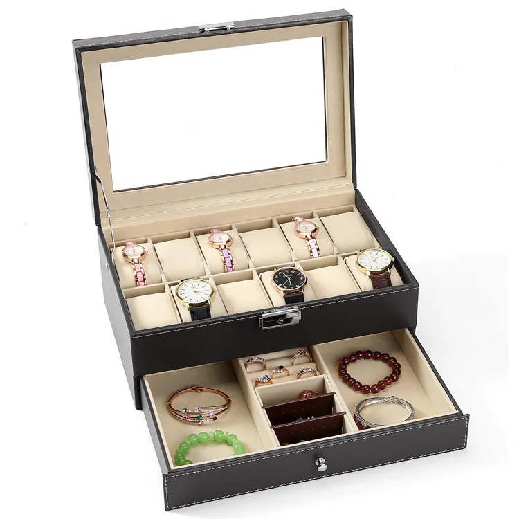 Two Layers Watch Box PU Leather Watch Case Holder Organizer With Lock