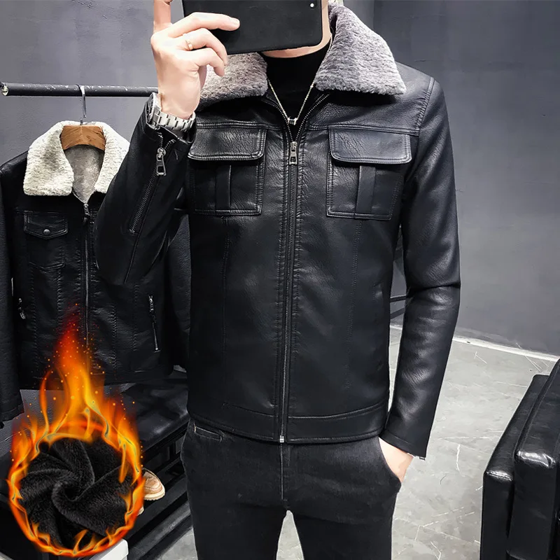 

Autumn And Winter Europe And America British Style Men Washing Leather Coat Removable Shoulder Fur Collar Brushed And Thick Warm