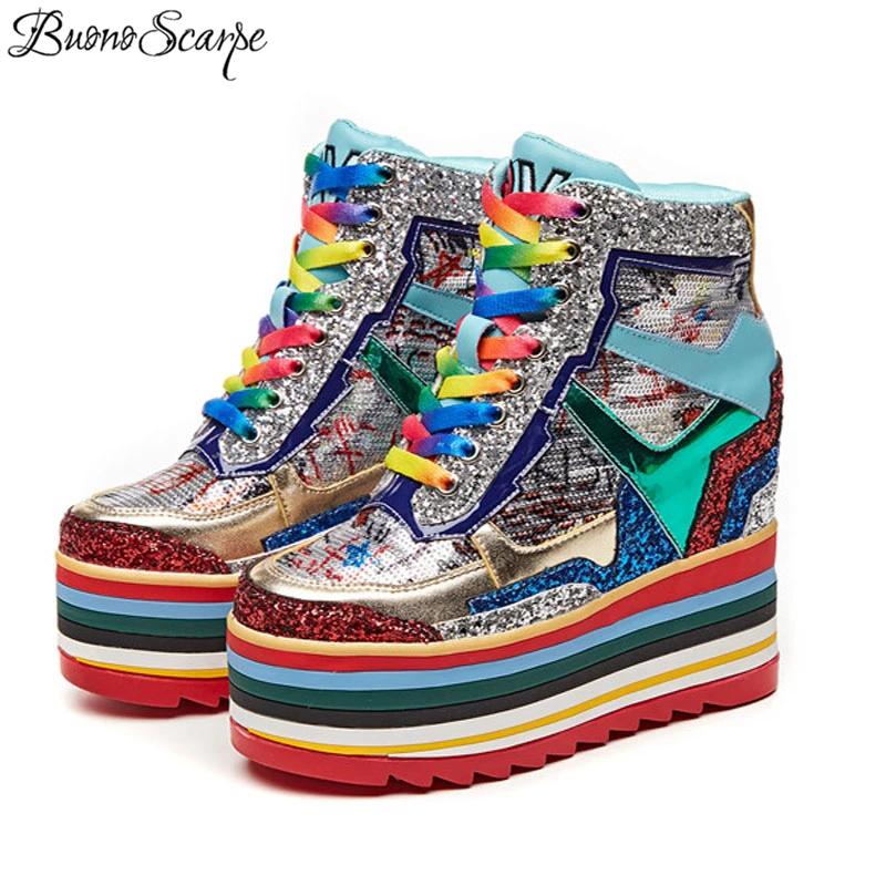 

Rainbow Chunky Sneakers Women Casual Wedge Shoes High Heel Bliing Bling Platform Sneakers New Colorful High Platform Heel Shoes