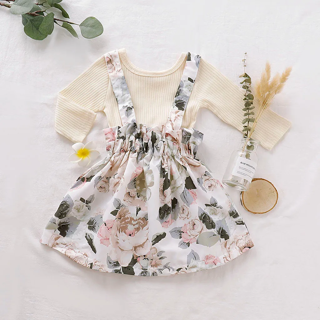 Однотонные топы с длинными рукавами для маленьких девочек + юбки на подтяжках