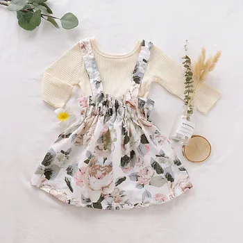 

Toddler Infant Baby Girls Long Sleeve Solid Tops+Floral Print Suspender Skirts Fashion Cute Outfits Sets Autumn Clothes 6M-4T