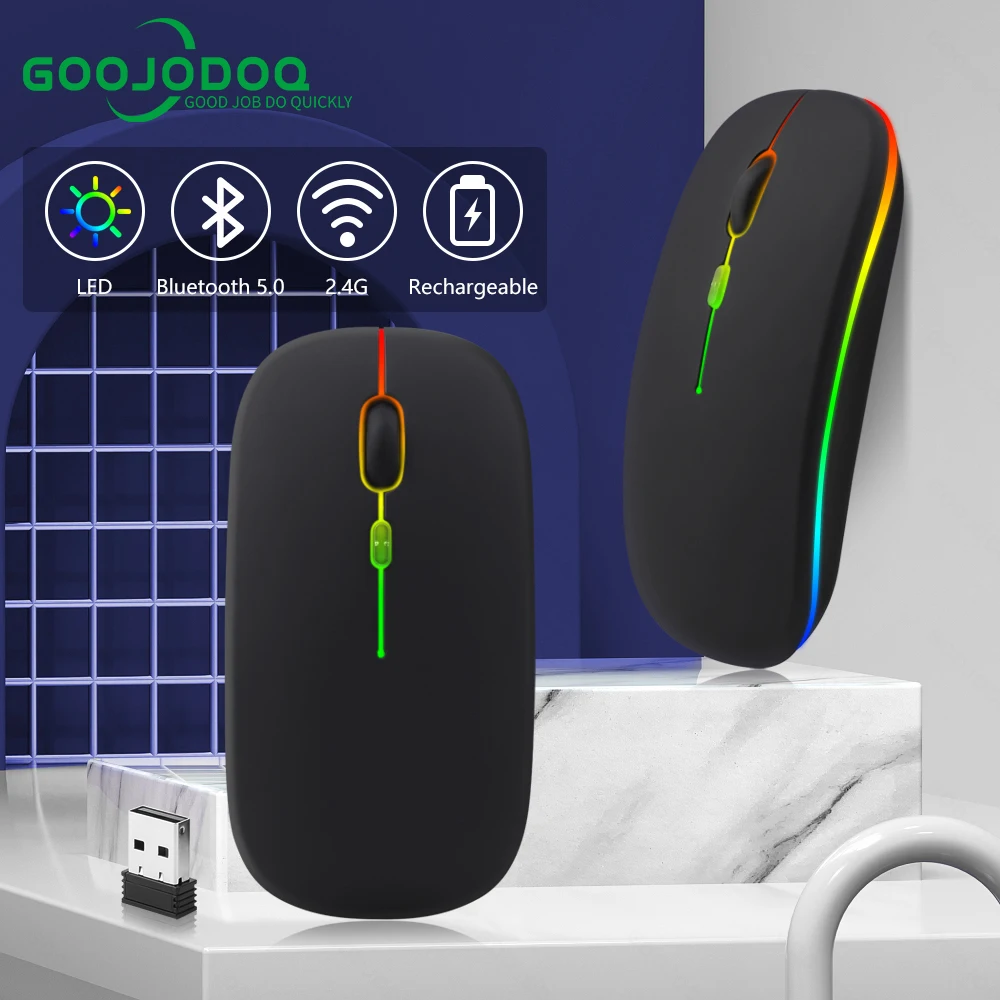 Ratón inalámbrico recargable por Bluetooth, Mouse ultrafino silencioso LED colorido retroiluminado para juegos, para iPad, ordenador, portátil y PC