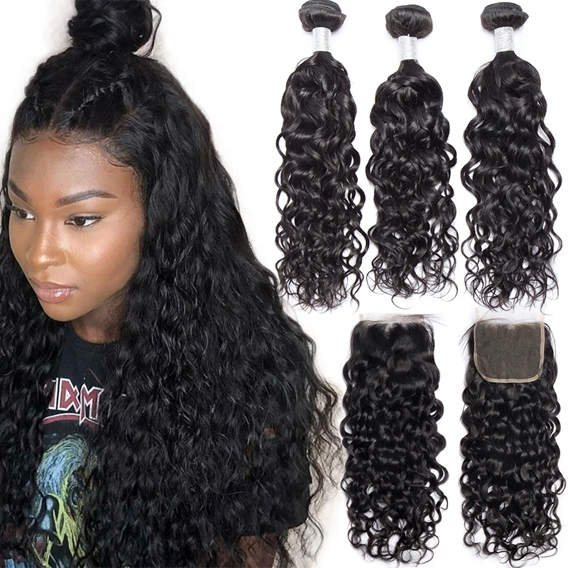 

Alibele Water Wave Bundles With Closure Wet And Wavy Human hair with 3 Bundles for Brazilian Remy Hair Hair Extension for Women