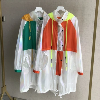 

2020 Spring bright metallic long trench coats women fashion Spliced adjustable waist hooded Windbreaker women streetwear FY114