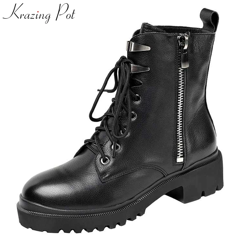 

krazing pot full grain leather round toe med heels outdoor streetwear western high quality metal fasteners mid-calf boots l2f2