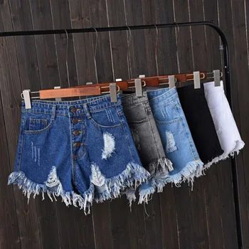 

Hairy Button Wide Leg Jeans Shorts Female High Waist Hole Loose A Denim Pants 2020 New Arrival Casual Summer Hot Sale