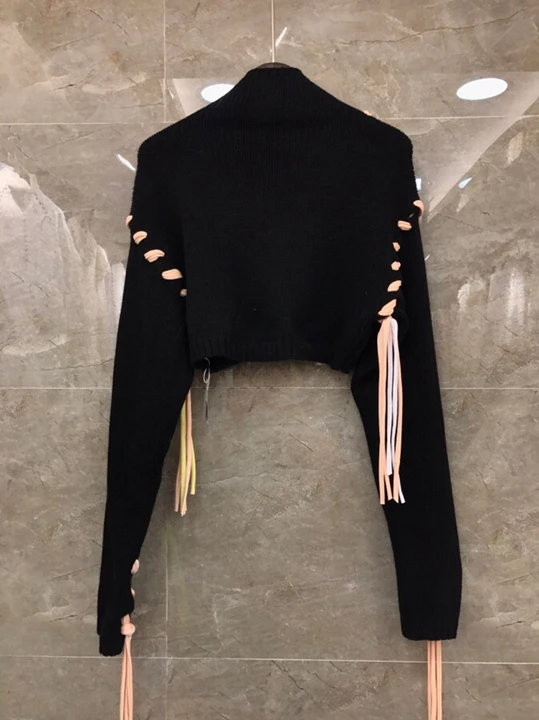 Autumn and winter new women's round neck drawstring knitting sleeve and short long sleeve sweater 1025