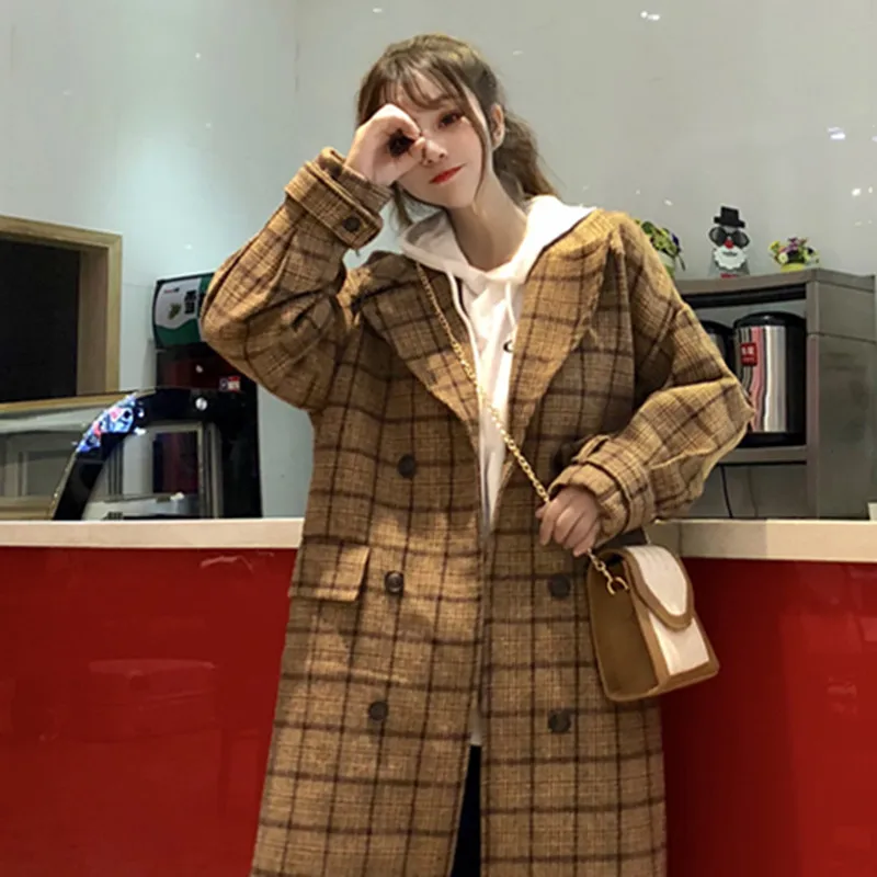 Woolen Coat Women's Long over-the-Knee Autumn And Winter Popular New Style Retro Loose Long Sleeve Plaid Coat MORI Series F